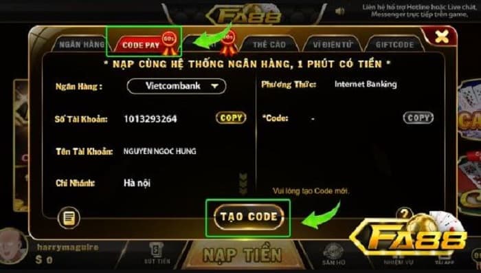 Nạp tiền F88 code pay